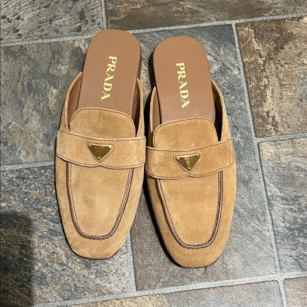 Prada Logo Suede Loafer Mules In cognac brown